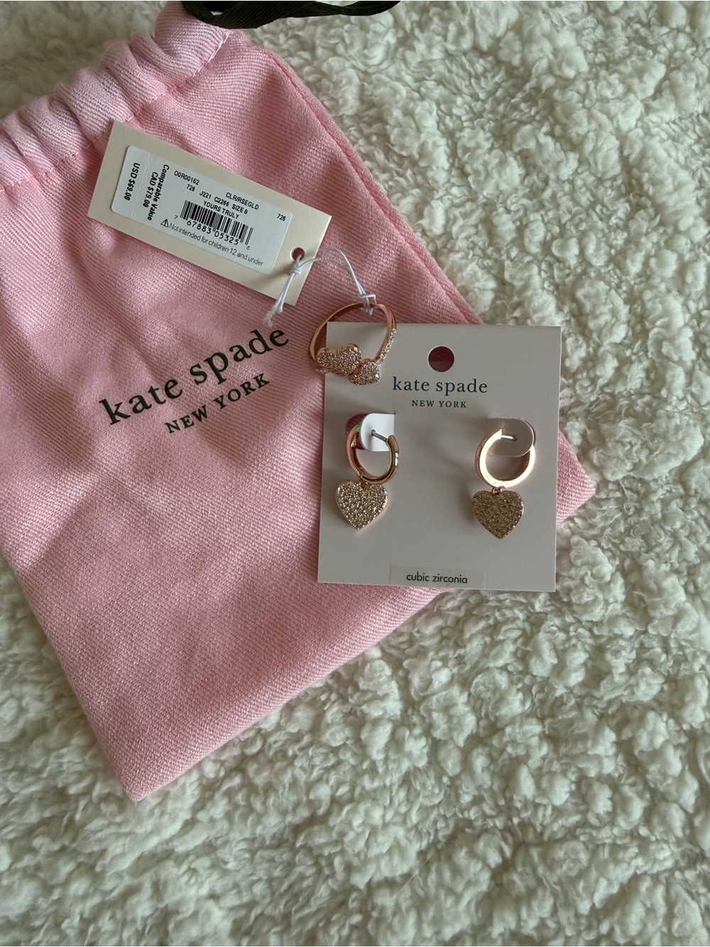 Kate Spade Rose Gold Heart Hoop Earrings and Ring with Pink Pouch
